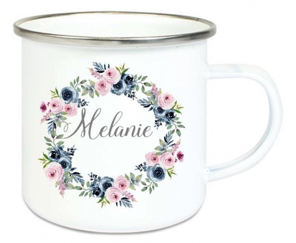 ♥ Tasse Emailletasse Blumenkranz zarte Töne Wunschname, Dankeschön, Geburtstag, Abschied, Jubiläum, Geschenk, Becher von Lüttentüddel